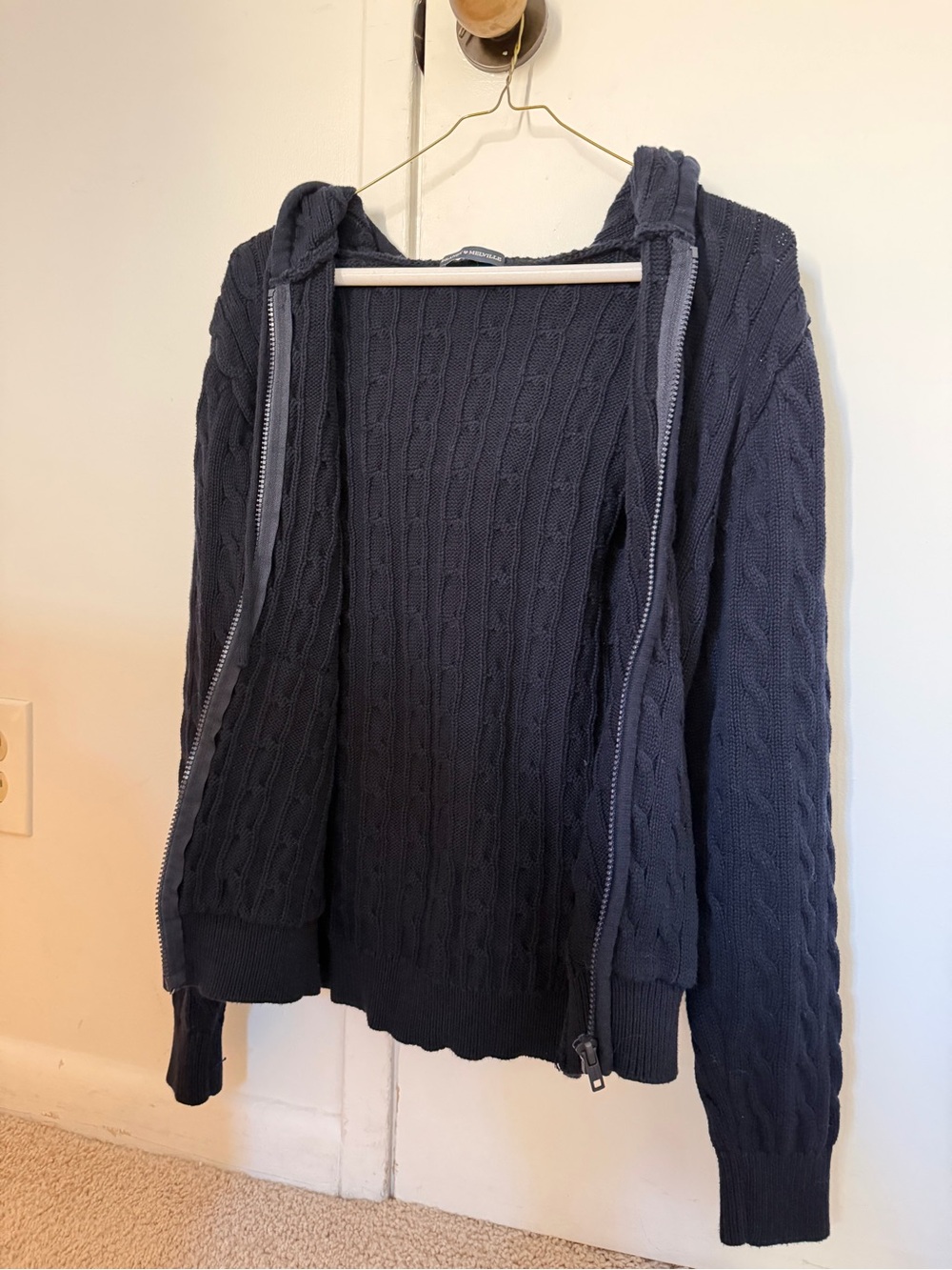 Hooded Cable Knit Zip Sweater - Navy